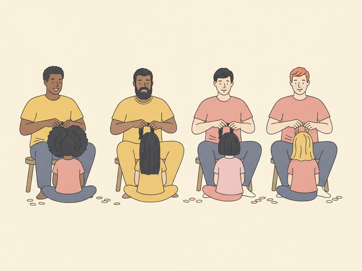 Illustratie: vier papa's met verschillende achtergronden zitten op een rij en vlechten elk het haar van hun dochter