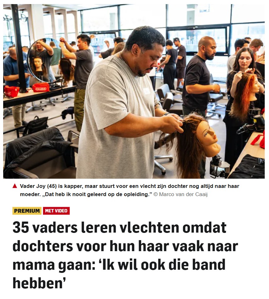 Krantenartikel in het AD: 35 vaders leren vlechten omdat dochters voor hun haar vaak naar mama gaan